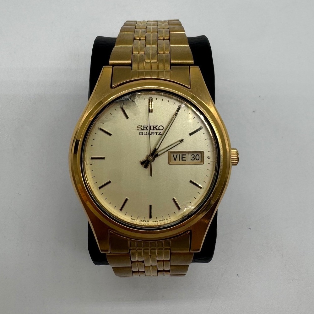 Seiko Mens Quartz Gold Tone Day Date Watch 7N43-9018 Parts Repair